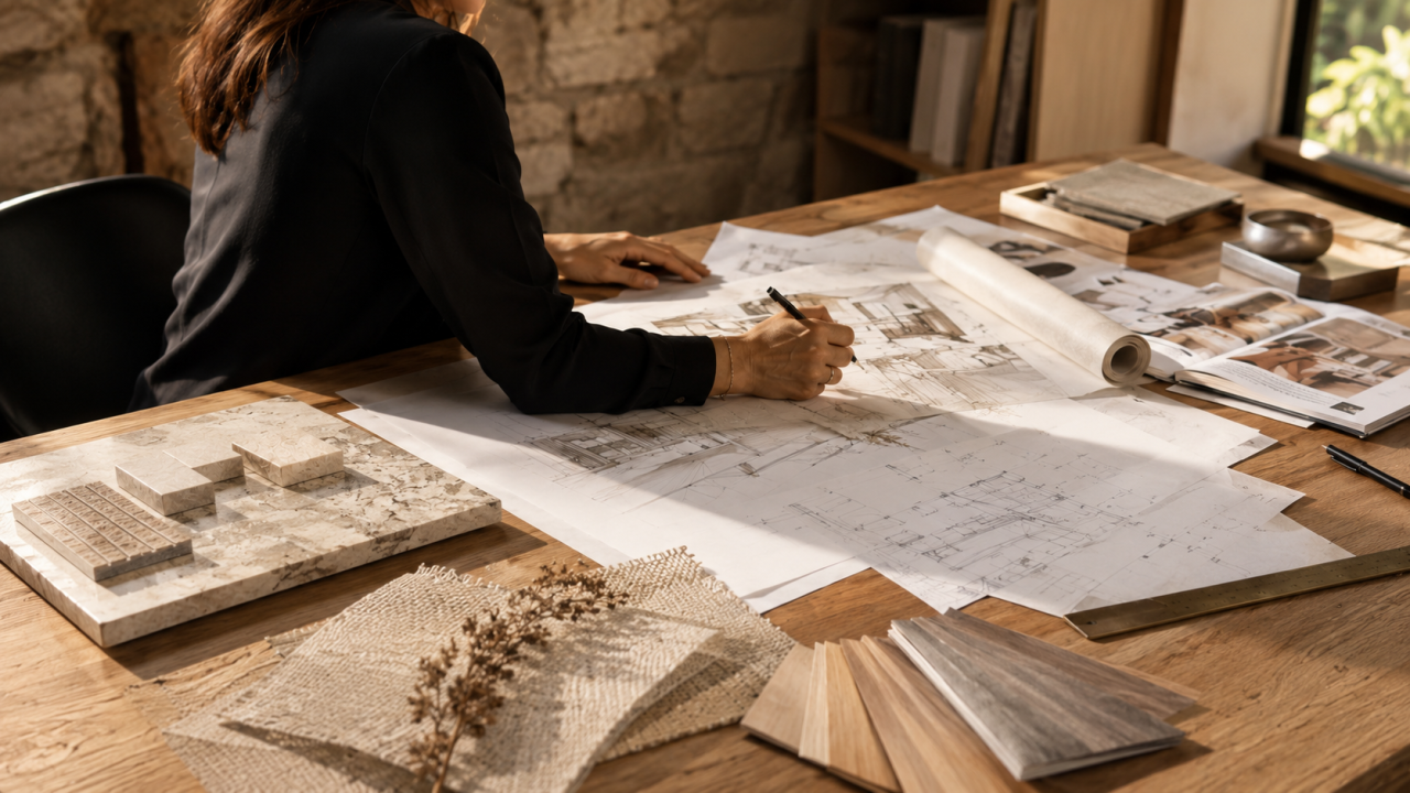 Table de travail avec plans, échantillons et croquis pour un avant-projet d’architecture intérieure à Leytron